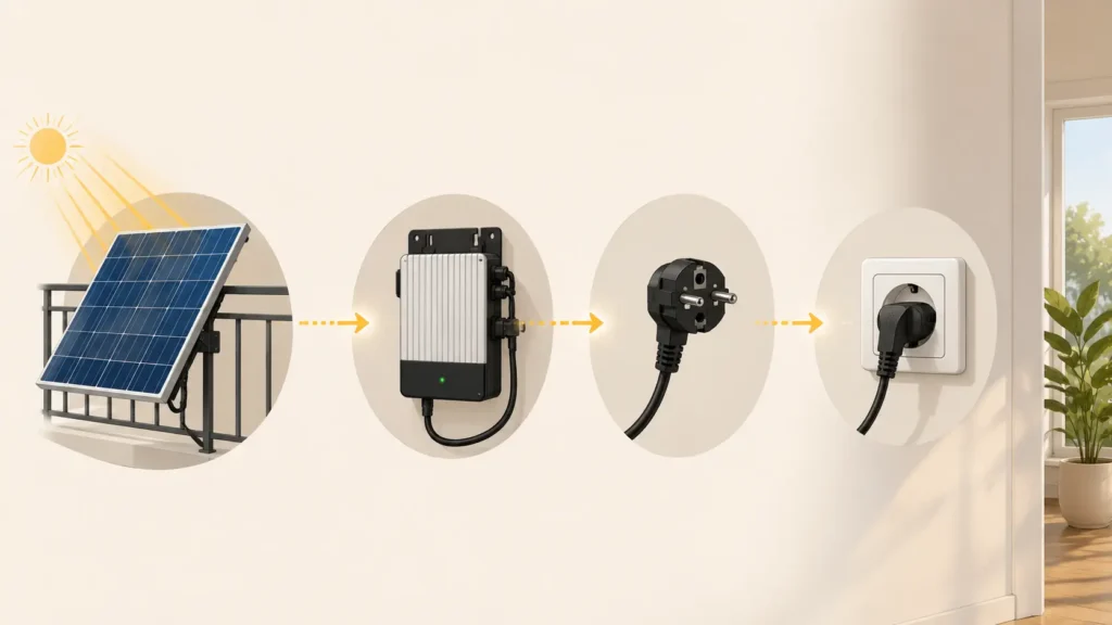 Schema dei componenti di un kit pannello solare da balcone: pannello, microinverter, cavo Schuko, presa di casa