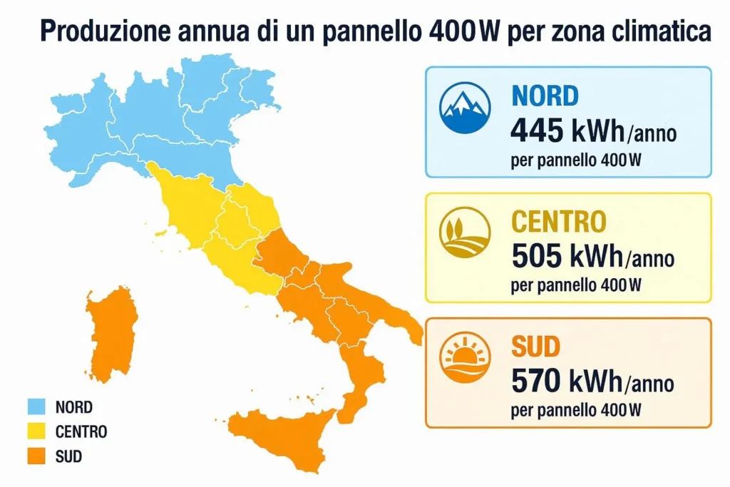Mappa dell'Italia con la produzione annua di un pannello solare da balcone 400W per zona climatica: Nord, Centro, Sud