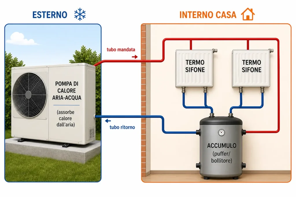 Schema di impianto con pompa di calore per termosifoni aria-acqua collegata ai termosifoni esistenti tramite accumulo termico in casa