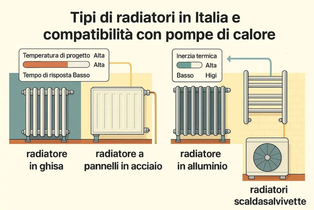 Confronto tra termosifoni in ghisa, alluminio, acciaio a piastra e tubolare per uso con pompa di calore