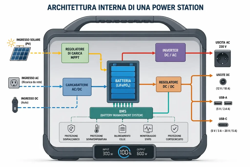 Schema dei componenti interni delle migliori power station portatile — batteria LiFePO4, inverter, MPPT, porte di uscita