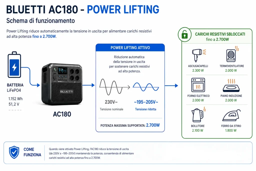 Schema funzionamento Power Lifting Bluetti AC180: riduzione tensione per alimentare carichi resistivi fino a 2700W