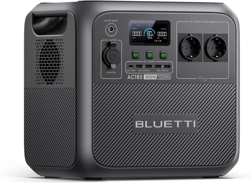 Bluetti AC180 recensione : power station portatile con display acceso che mostra livello batteria e potenza erogata