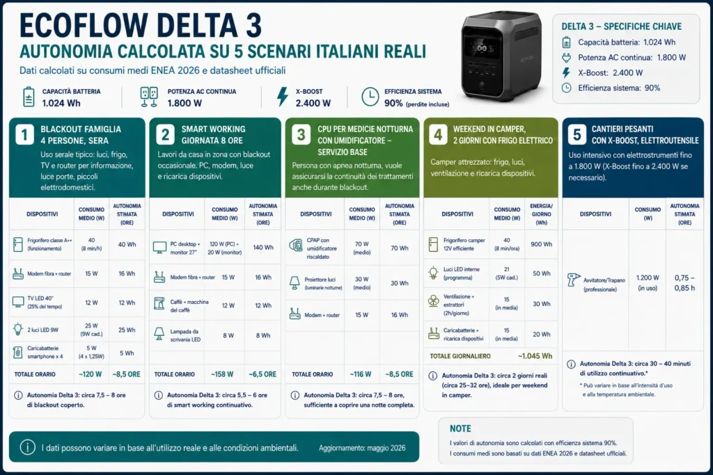 Infografica autonomia EcoFlow Delta 3 calcolata su 5 scenari italiani: blackout famiglia, smart working, CPAP, camper, X-Boost