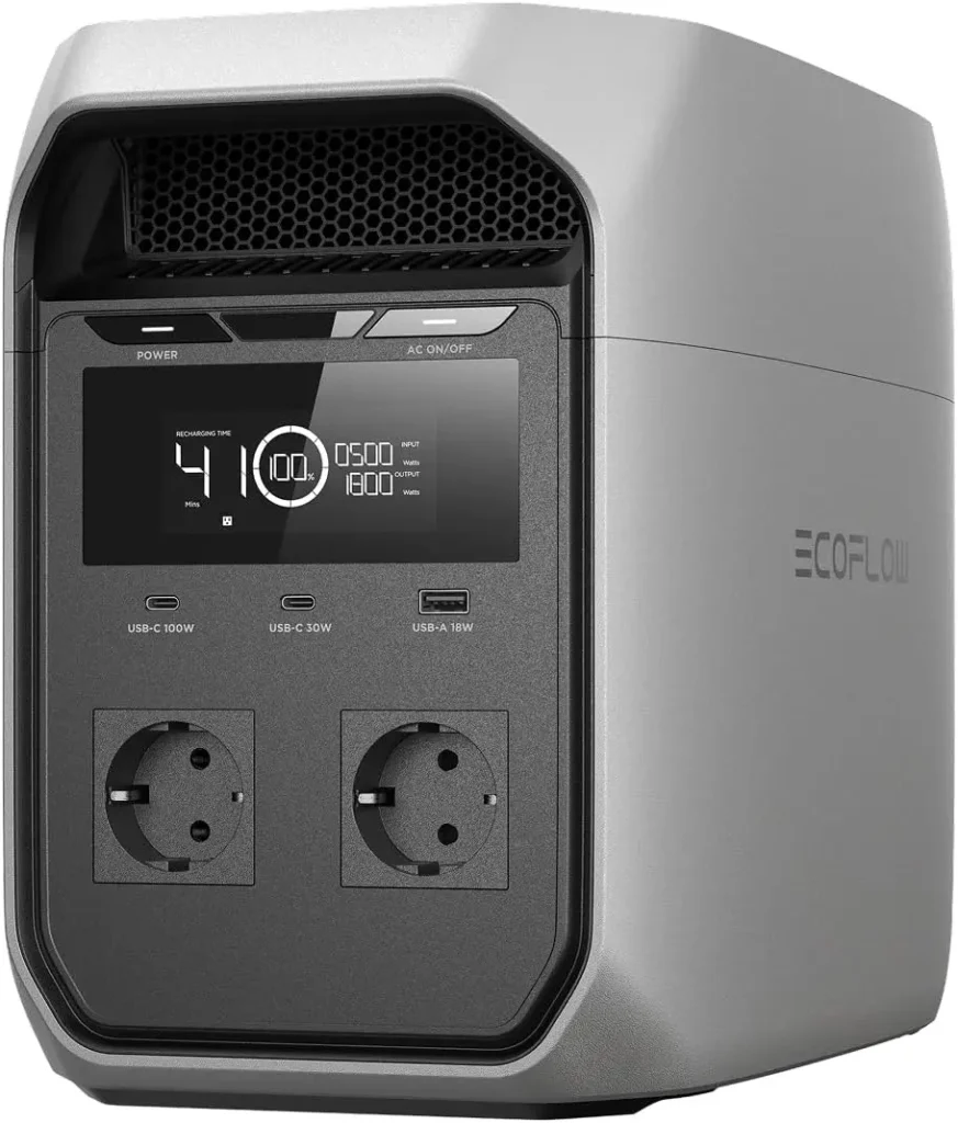 EcoFlow Delta 3 recensione : power station in funzione con display LCD acceso che mostra livello batteria e flussi energia