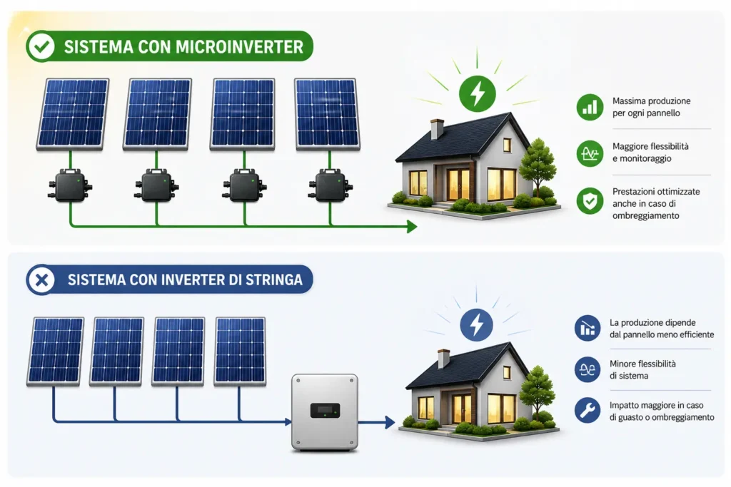 Schema della differenza tra microinverter (uno per pannello) e inverter di stringa centralizzato per impianto fotovoltaico