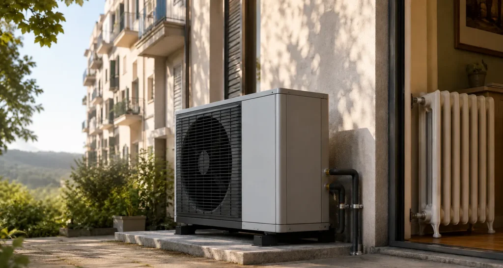 Pompe di calore alta temperatura installate accanto a un appartamento con termosifoni in ghisa