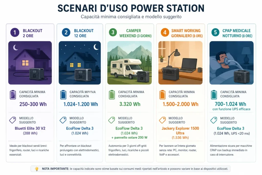 Infografica dei 5 scenari italiani di uso power station con capacità Wh consigliata per ciascuno