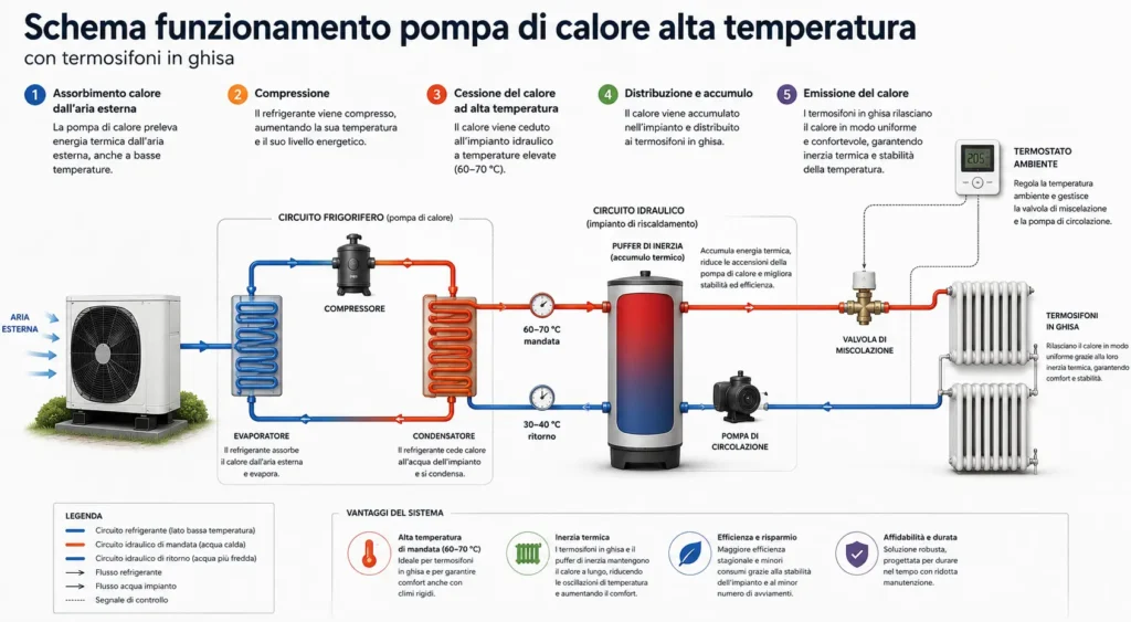 Schema funzionamento pompa di calore alta temperatura con termosifoni in ghisa e inerzia termica
