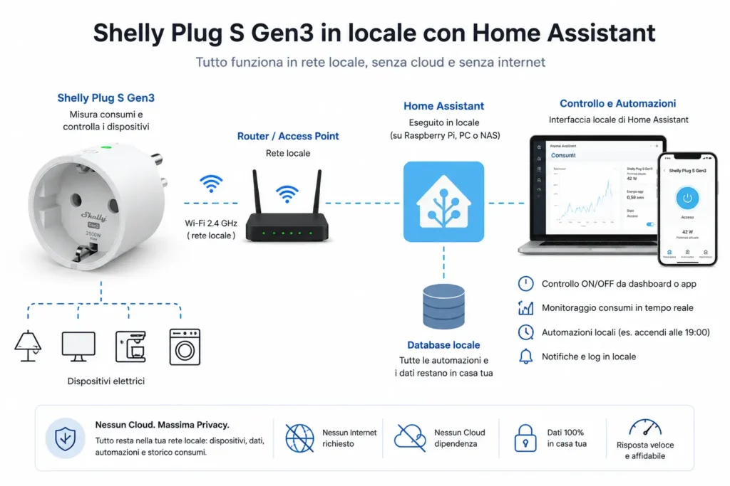 Schema del controllo locale dello Shelly Plug S Gen3 con MQTT e integrazione Home Assistant