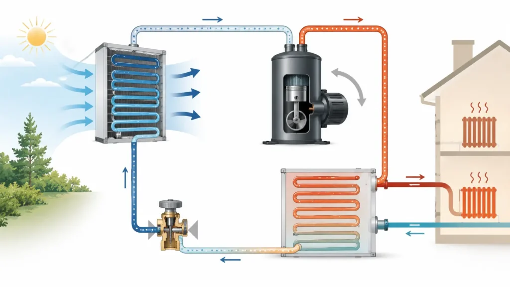 Schema illustrativo del ciclo termodinamico di una pompa di calore aria-acqua: evaporatore, compressore, condensatore, valvola di espansione