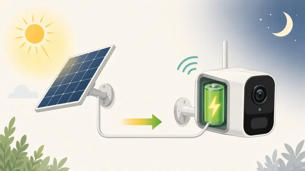 Schema: il pannello solare ricarica la batteria interna della telecamera wifi durante