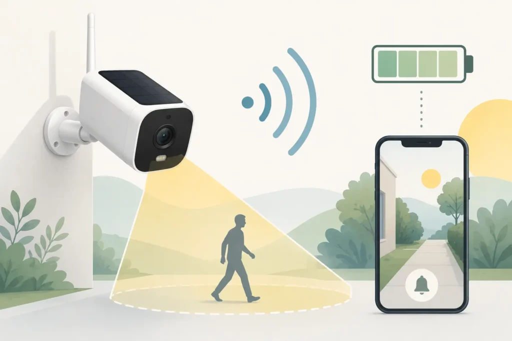 Schema illustrativo di una telecamera a batteria con sensore di movimento e Wi-Fi