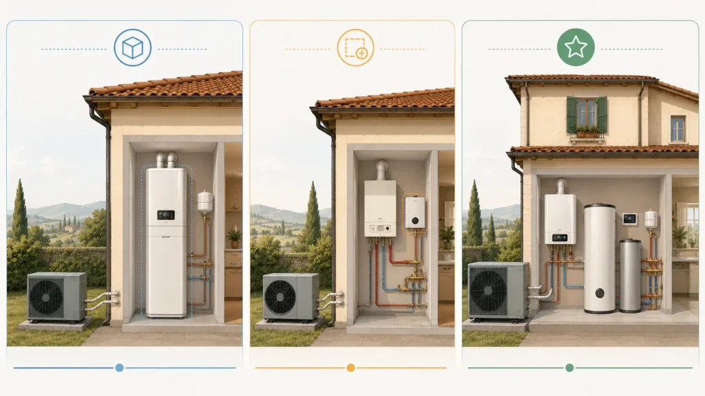 Confronto visivo tra le tre configurazioni di pompa di calore ibrida: factory, add-on e bivalente premium
