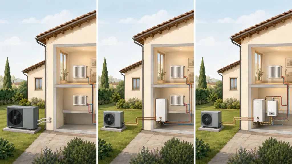 Confronto visivo tra pompa di calore aria-acqua monoblocco, split e ibrida con caldaia