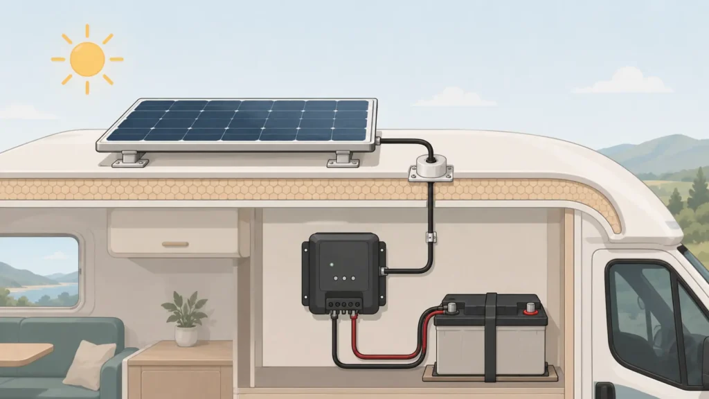 Installazione di un pannello solare su camper: fissaggio sul tetto e passacavo stagno per i cavi