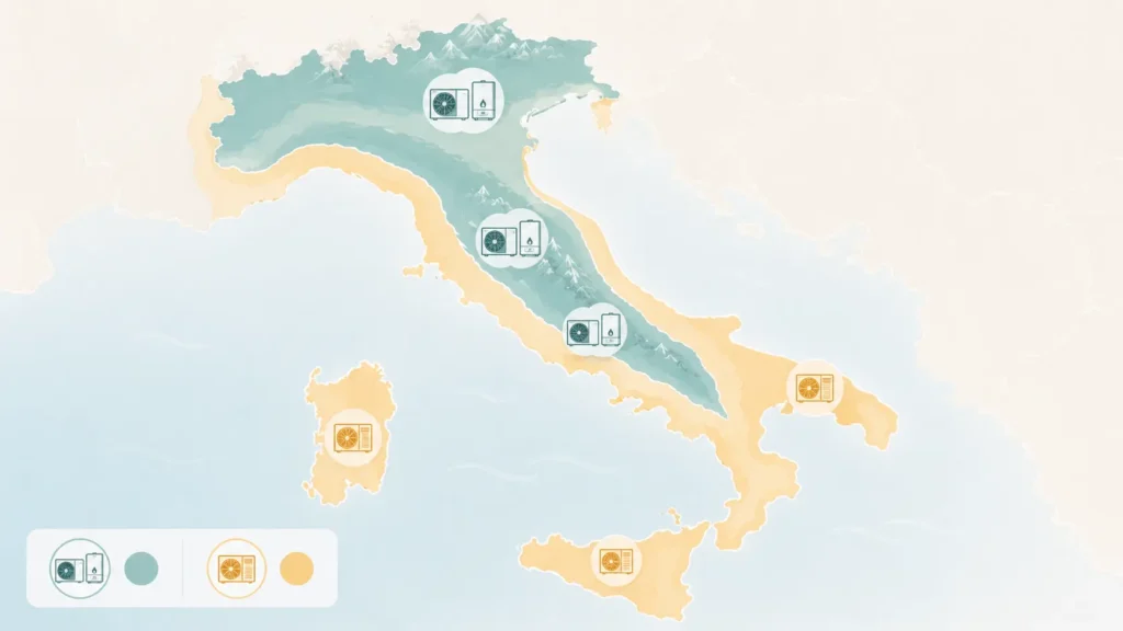 Mappa dell'Italia con zone climatiche dove la pompa di calore ibrida conviene di più rispetto alla pompa pura