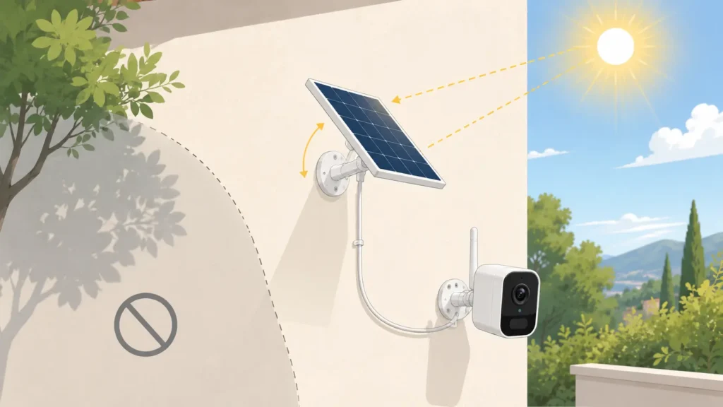 Corretto orientamento a sud e inclinazione di un pannello solare per telecamere, lontano dalle ombre