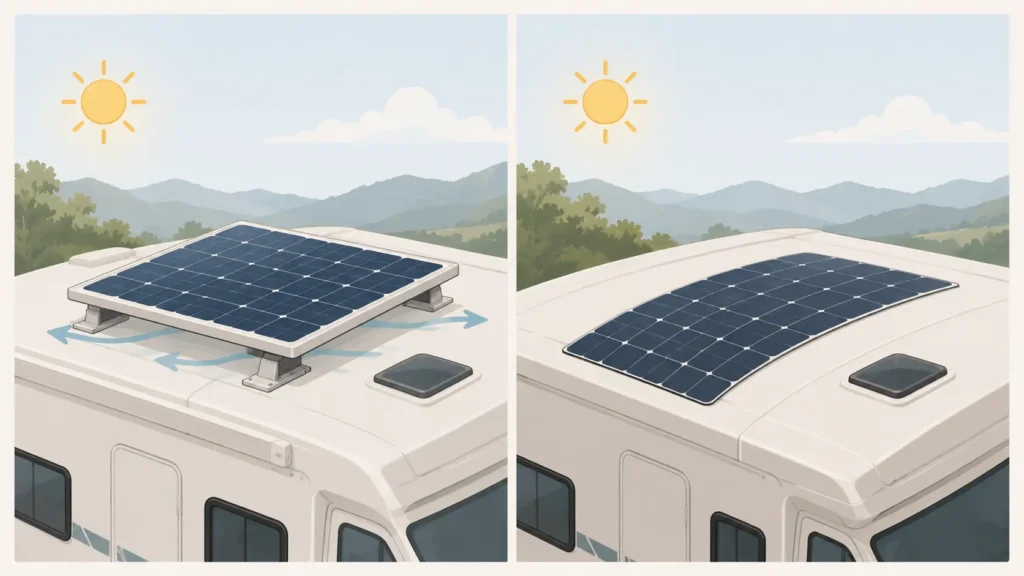 Confronto tra pannello solare rigido con cornice e pannello solare flessibile sottile per camper