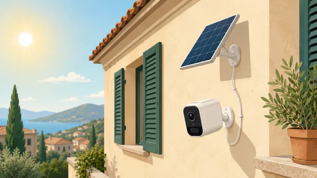 Telecamera wifi da esterno con pannello solare montato su una facciata di casa al sole