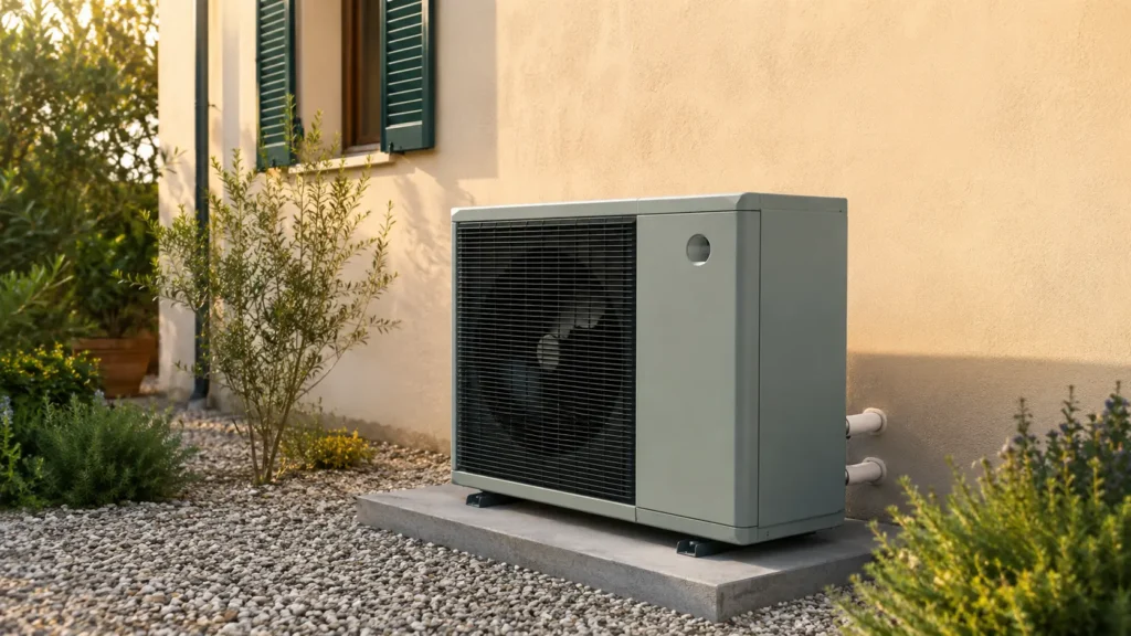 Pompa di calore aria-acqua monoblocco installata in giardino di casa residenziale italiana