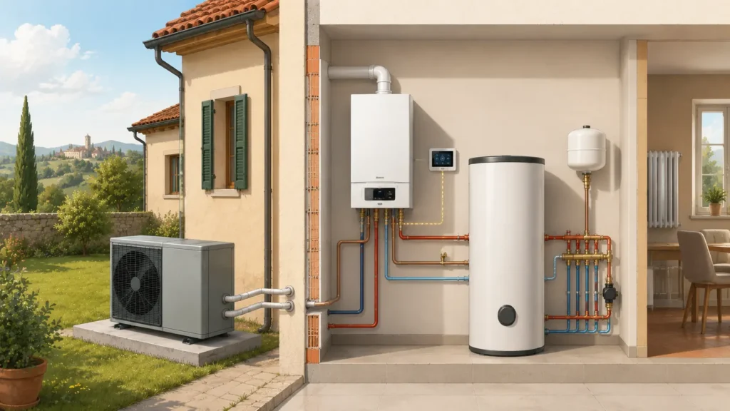 Sistema ibrido pompa di calore + caldaia a condensazione installato in casa residenziale italiana