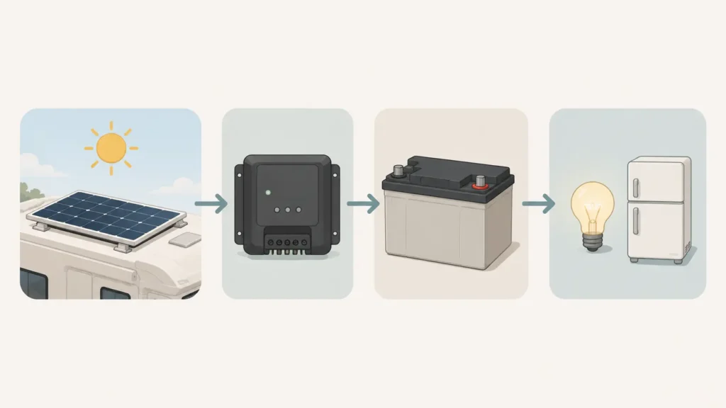 Schema dell'impianto solare di un camper: pannello, regolatore di carica, batteria di servizio e utenze 12V