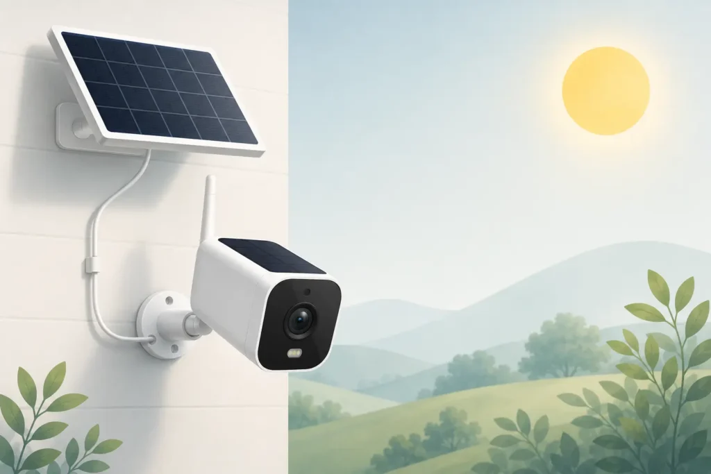 Telecamera a batteria collegata a un piccolo pannello solare su parete esterna