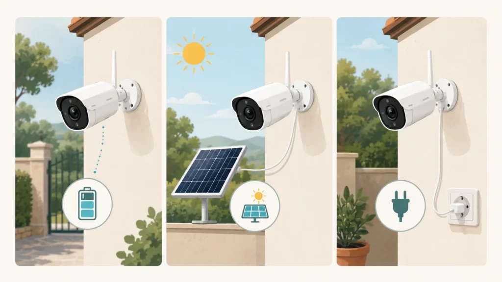 Le tre alimentazioni di una telecamera wifi da esterno: a batteria, con pannello solare e cablata a presa