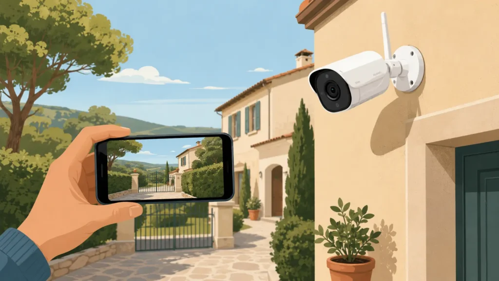 Telecamere wifi esterno montata sulla facciata di una casa, con app di controllo su smartphone