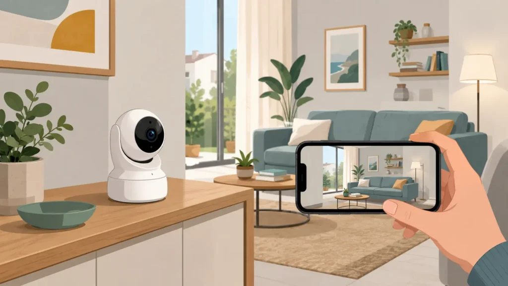 Telecamere wifi interno pan/tilt su un mobile del soggiorno, controllata da smartphone