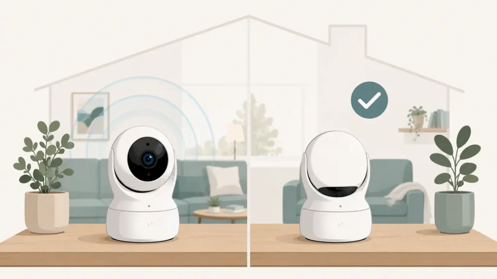 Modalità privacy di una telecamera wifi da interno: l'obiettivo si oscura quando si è in casa