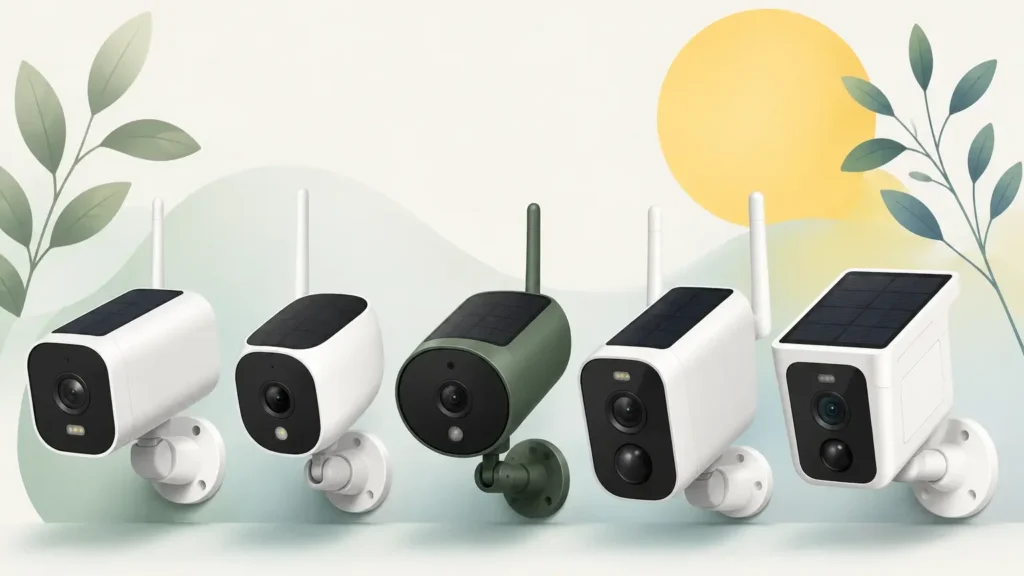 Cinque telecamere di sicurezza a batteria su sfondo neutro, illustrazione editoriale