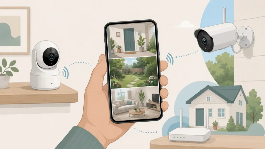 Telecamere wifi di casa controllate dall'app su smartphone, con viste di interno ed esterno