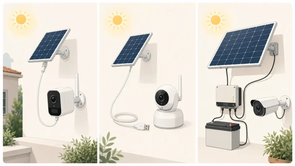 Confronto tra i tre tipi di pannello solare per telecamere: di marca, universale USB e kit 12V con batteria